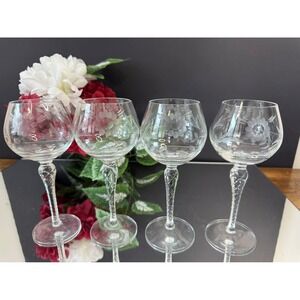Vintage Etched Floral Wine Glasses Set of 4‎ Twisted Stem Clear Crystal Goblets